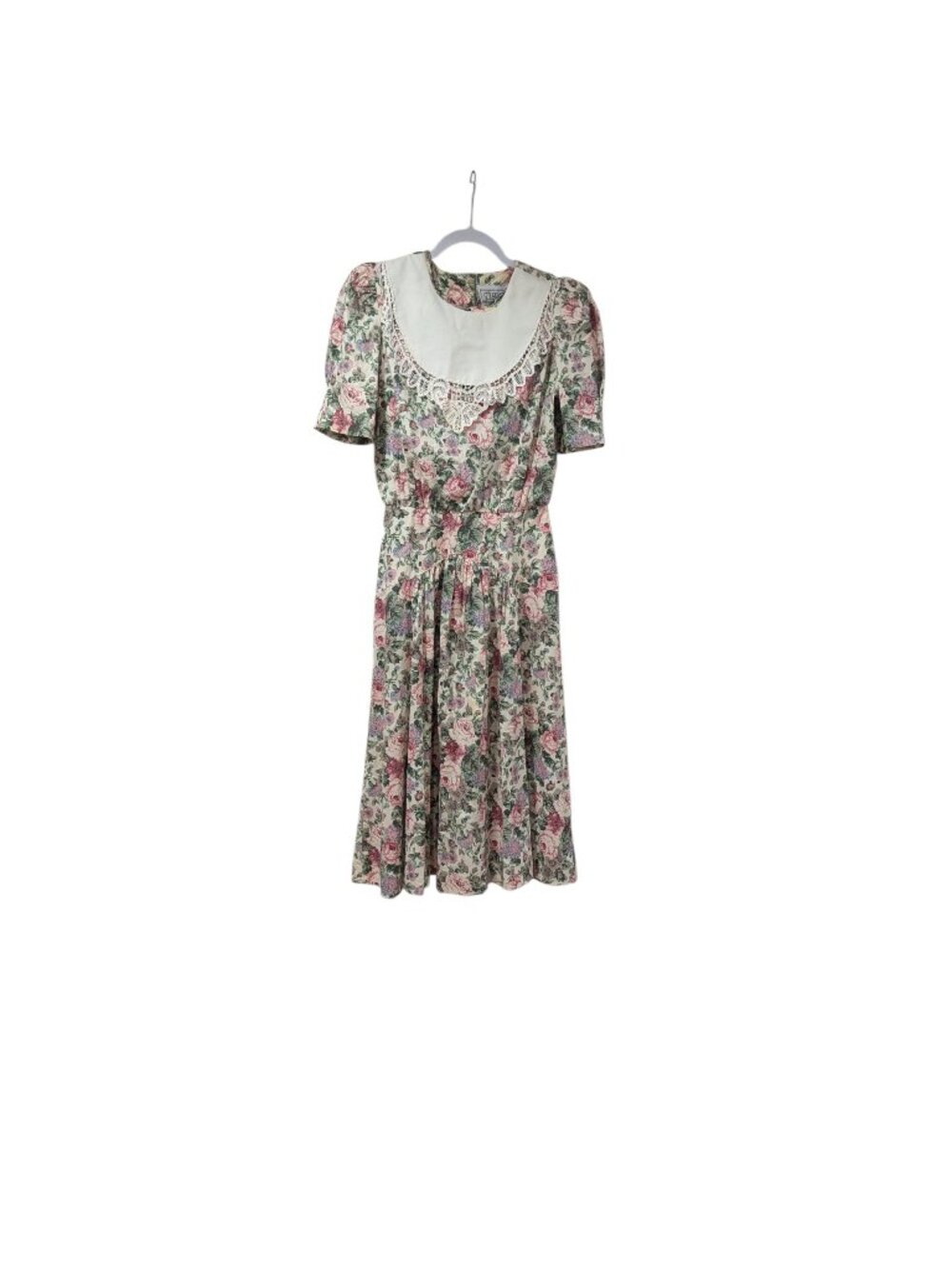 Vintage DBY Ltd. Multicolored Floral White Lace Bib Neckline Midi Dress Prairie